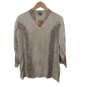 Fairy Boho Tunic Top Womens Large Tan Purple Embroidered Festival Cottage Braja